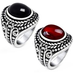 **COI Titanium Black Silver Ring With Black Onyx/Created Red Ruby Cabochon-8768