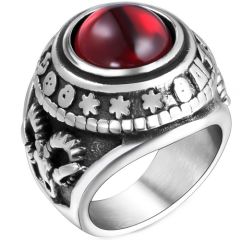 **COI Titanium Black Silver Ring With Created Red Ruby/Black Onyx Cabochon-8772