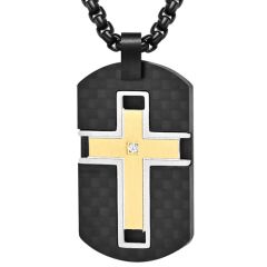 **COI Titanium Gold Tone/Black Cross Dog Tag Cubic Zirconia Pendant With Carbon Fiber-8785