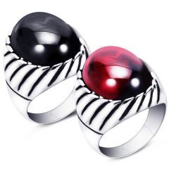 **COI Titanium Black Silver Ring With Black Onyx/Created Red Ruby Cabochon-8795