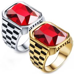 **COI Titanium Black Gold Tone/Silver Checkered Flag Ring With Created Red Ruby-8796