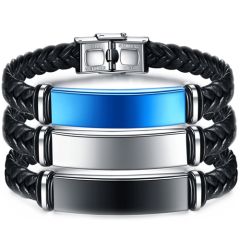 COI Titanium Black/Blue/Silver Bracelet With Leather & Steel Clasp(Length: 8.66 inches)-8800
