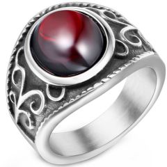 **COI Titanium Black Silver Celtic Ring With Created Red Ruby Cabochon-8803