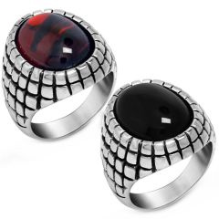 **COI Titanium Black Silver Ring With Black Onyx/Created Red Ruby Cabochon-8805