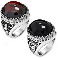 **COI Titanium Black Silver Ring With Created Red Ruby/Black Onyx Cabochon-8808