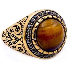 **COI Titanium Black Gold Tone Ring With Tiger Eye & Cubic Zirconia-8819