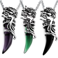 **COI Titanium Black Silver Wolf Pendant With Black Onyx/Amethyst/Created Green Emerald-8828
