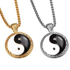 **COI Titanium Gold Tone/Silver Black White Ying Yang Pendant With Cubic Zirconia-8836