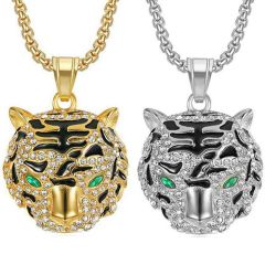 **COI Titanium Black Gold Tone/Silver Tiger Pendant With Created Green Emerald-8848