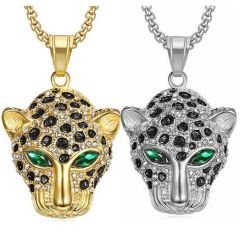 **COI Titanium Black Gold Tone/Silver Leopard Pendant With Cubic Zirconia & Created Green Emerald-8849