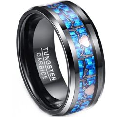 **COI Black Tungsten Carbide Heartbeat & Heart Beveled Edges Ring With Carbon Fiber-8868