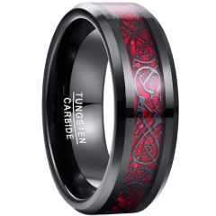 **COI Tungsten Carbide Black Red Dragon Beveled Edges Ring-8886