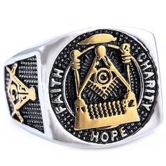 **COI Titanium Gold Tone Black Silver Masonic Freemason Ring-8890AA