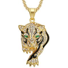 **COI Titanium Gold Tone Black Leopard Pendant With Created Emerald-8896AA