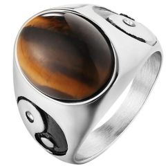**COI Titanium Black Gold Tone/Silver Ying Yang Ring With Tiger Eye-8909AA