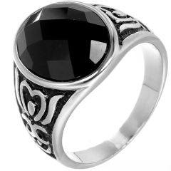 **COI Titanium Black Silver Heart Celtic Ring With Black Onyx-8965AA