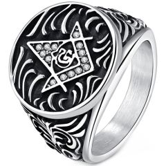 **COI Titanium Black Gold Tone/Silver/Black Masonic Freemason Ring With Cubic Zirconia-8976AA