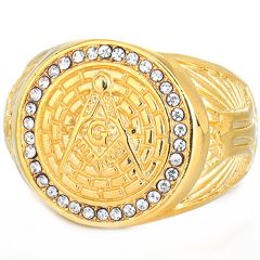 **COI Gold Tone Titanium Masonic Freemason Ring With Cubic Zirconia-8977AA