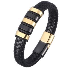 COI Titanium Black Gold Tone/Silver/Black Genuine Leather Bracelet With Steel Clasp(Length: 8.07 inches)-8999AA