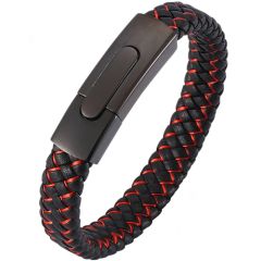 COI Titanium Black Red Genuine Leather Bracelet With Steel Clasp(Length: 8.07 inches)-9002AA