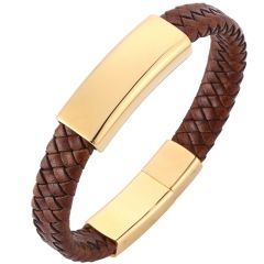 COI Gold Tone Titanium Brown Genuine Leather Bracelet With Steel Clasp(Length: 8.07 inches)-9003AA