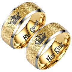 **COI Titanium Gold Tone Silver Sandblasted King Queen Crown Beveled Edges Ring-9033AA