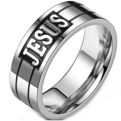 **COI Titanium Black Silver Jesus Double Grooves Ring-9037AA