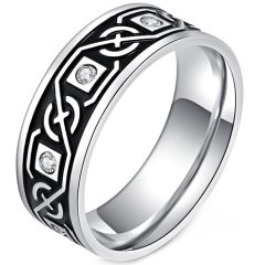 **COI Titanium Black Silver/Black Celtic Ring With Cubic Zirconia-9042AA