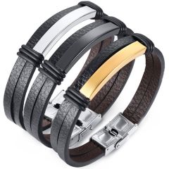 COI Titanium Black/Gold Tone/Silver Black Genuine Leather Bracelet With Steel Clasp(Length: 8.07 inches)-9051AA