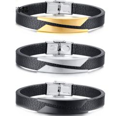 COI Titanium Black/Gold Tone/Silver Black Genuine Leather Bracelet With Steel Clasp(Length: 8.07 inches)-9052AA