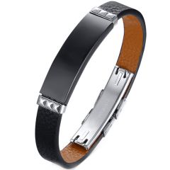 COI Titanium Black Silver Genuine Leather Bracelet With Steel Clasp(Length: 9.06 inches)-9053AA