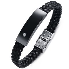 COI Black Titanium Cubic Zirconia Genuine Leather Bracelet With Steel Clasp(Length: 8.46 inches)-9054AA