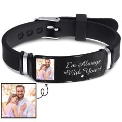 COI Titanium Black Silver Custom Photo Engraving Rubber Bracelet With Steel Clasp(Length: 8.46 inches)-9083AA