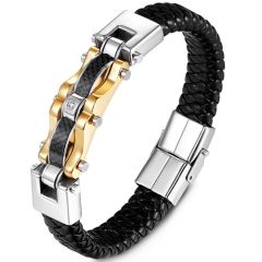 COI Titanium Black Gold Tone Silver/Black Silver Genuine Leather Bracelet With Steel Clasp(Length: 8.27 inches)-9103AA
