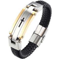 COI Titanium Silver Gold Tone/Silver Cross Genuine Leather Bracelet With Steel Clasp(Length: 8.27 inches)-9105AA