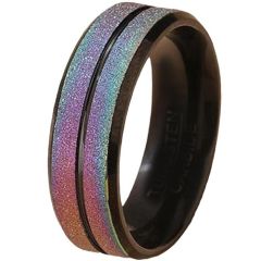 **COI Black Titanium Rainbow Color Center Groove Sandblasted Beveled Edges Ring-9126AA