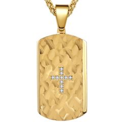 COI Titanium Black/Gold Tone/Silver Hammered Dog Tag Cross Pendant With Cubic Zirconia-9148AA