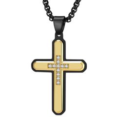 COI Titanium Gold Tone Black/Silver Cross Pendant With Cubic Zirconia-9149AA