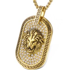 COI Titanium Black Gold Tone/Silver Lion Head Greek Key Pattern Dog Tag Pendant With Cubic Zirconia-9154AA
