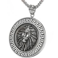 COI Titanium Black Silver Lion Head Greek Key Pattern Pendant-9156AA