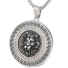 COI Titanium Black Gold Tone/Silver Lion Head Greek Key Pattern Pendant With Cubic Zirconia-9157AA