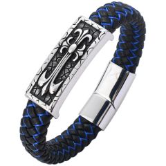 COI Titanium Black Silver Cross Genuine Leather Bracelet With Steel Clasp(Length: 8.66 inches)-9159AA