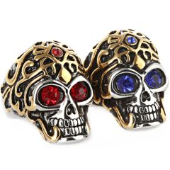 **COI Titanium Black Gold Tone Silver Skull Ring With Created Blue Sapphire/Red Ruby-9168AA