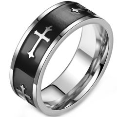 **COI Titanium Black Silver Cross Pipe Cut Flat Ring-9174AA