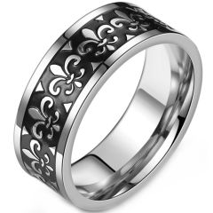 **COI Titanium Black Silver Fleur De Lis Pipe Cut Flat Ring-9175AA