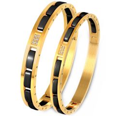 COI Titanium Gold Tone/Silver Black Ceramic Cubic Zirconia Bangle With Steel Clasp(Length: 7.67 inches)-9192AA