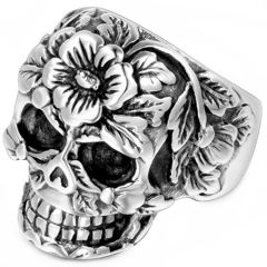 **COI Titanium Black Silver Skull & Flower Ring-9202AA