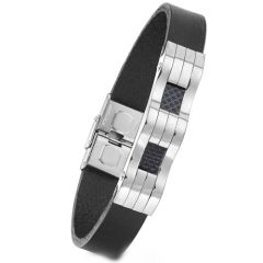 **COI Titanium Black/Gold Tone/Silver Carbon Fiber Genuine Leather Bracelet With Steel Clasp(Length: 8.27 inches)-9213AA