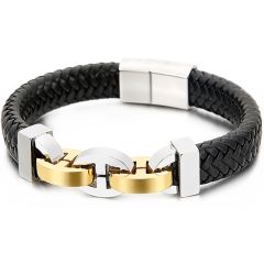 **COI Titanium Silver/Gold Tone Silver Genuine Leather Bracelet With Steel Clasp(Length: 8.46 inches)-9222AA