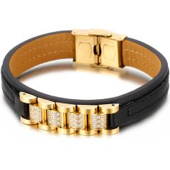 **COI Titanium Gold Tone/Silver Cubic Zirconia Genuine Leather Bracelet With Steel Clasp(Length: 8.66 inches)-9223AA